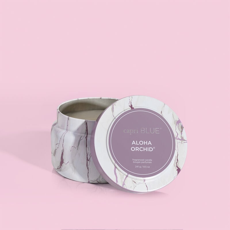 Aloha Orchid Modern Marble Travel Tin Candle with Lid Off image number 2